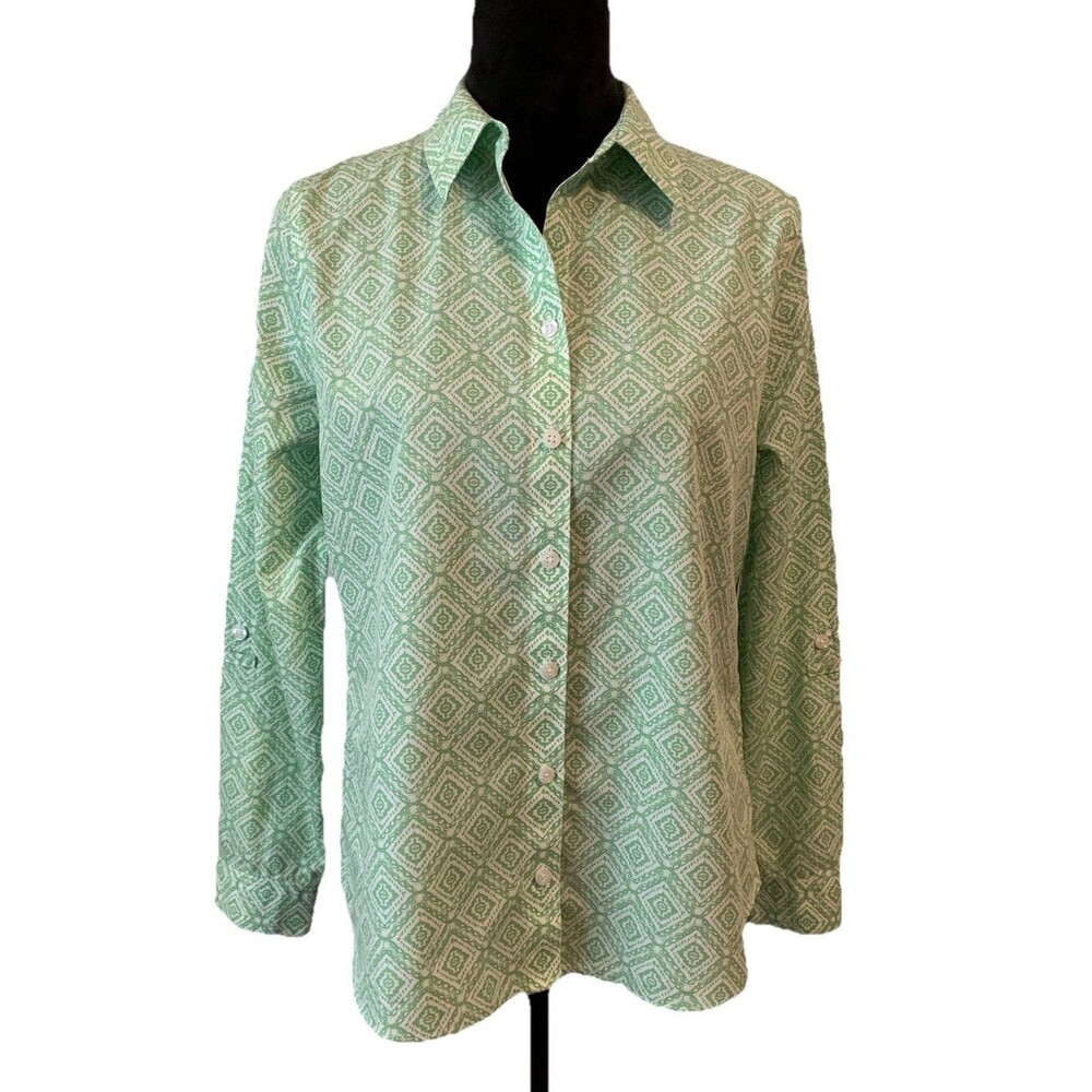 Chicos Size 0 Top Womens Small No Iron Green White Long Roll Tab Sleeve Button